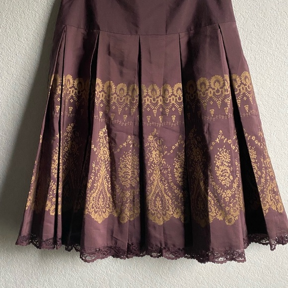 Anthropologie Odille Silk Blend Drop Waist Lace Trim Brown Gold Mod Midi Skirt 2 - Picture 3 of 13